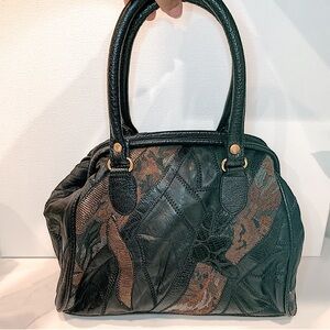 Vintage 80s Black Leather Patchwork Satchel Handbag Purse Hippie Boho Gypsie